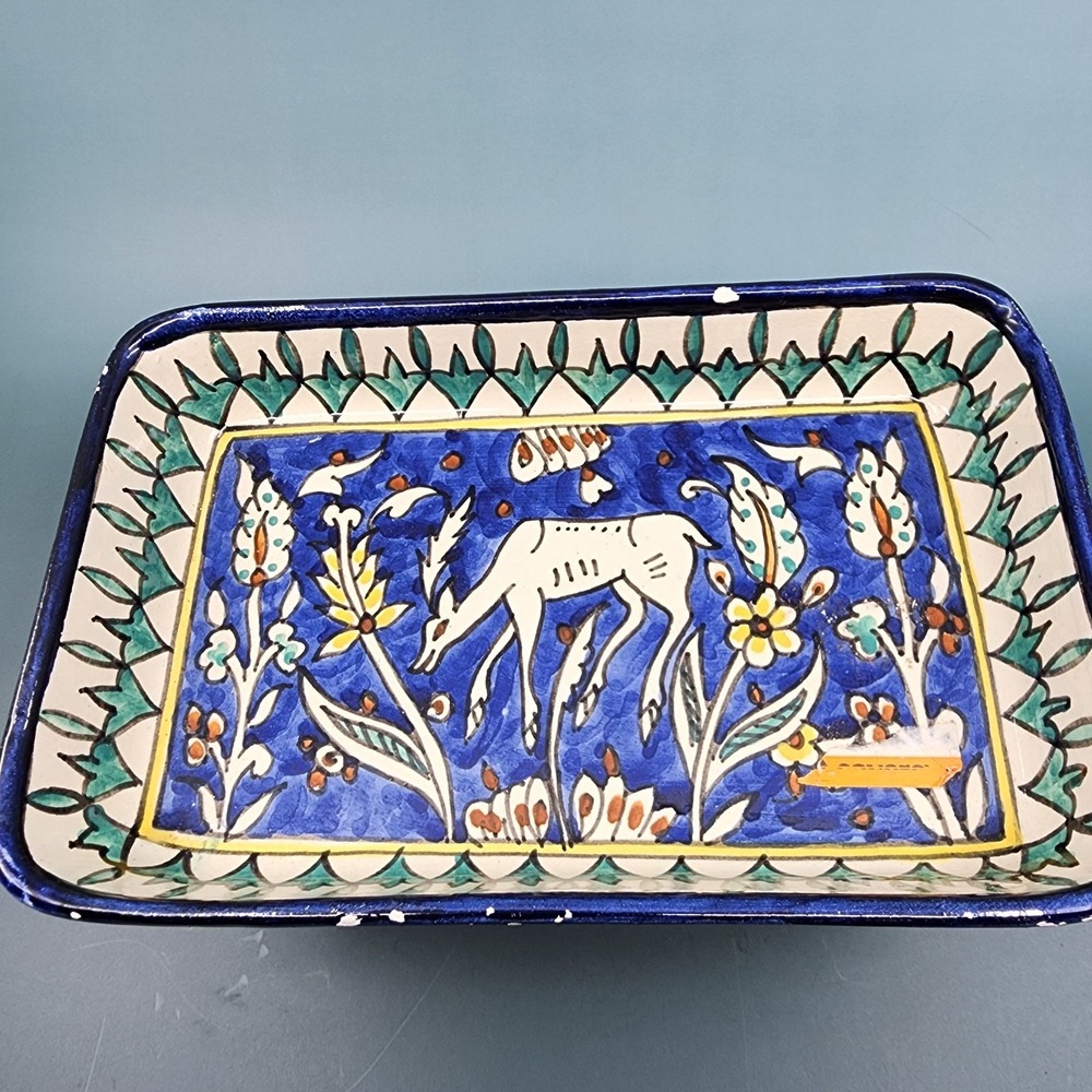 Jerusalem Old City Hand Painted Ceramic Dish Deer Floral Blue Folk Art Tray